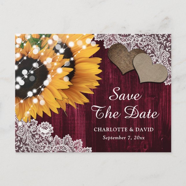 Cartão Postal De Anúncio Burgundy Sunflower Weding Date Postcard (Frente)