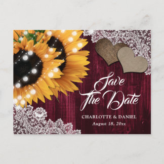 Cartão Postal De Anúncio Burgundy Sunflower Weding Date Postcard