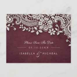 Cartão Postal De Anúncio Burgundy vintage lace rustic wedndning salvar a da