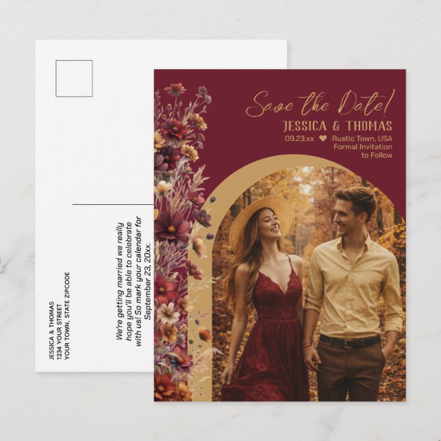 Cartão Postal De Anúncio Burgundy Wildflowers Photo Wedding Save the Date (Frente/Verso)