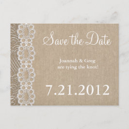 Cartão Postal De Anúncio Burlap e Lace Rustic Guardem a Data