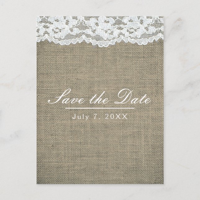Cartão Postal De Anúncio Burlap e Renda Simples Casamento Rústico Salve a D (Frente)