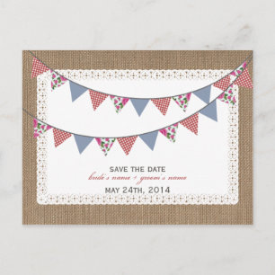 Cartão Postal De Anúncio Burlap Inspirou Gingham Flags Florais Para Salvar 