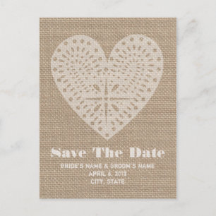 Cartão Postal De Anúncio Burlap Inspirou Heart Wedding Salvar A Data