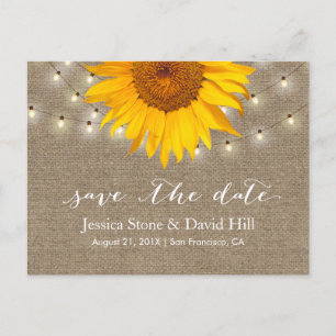 Cartão Postal De Anúncio Burlap String Lights & Sunflower Save Date