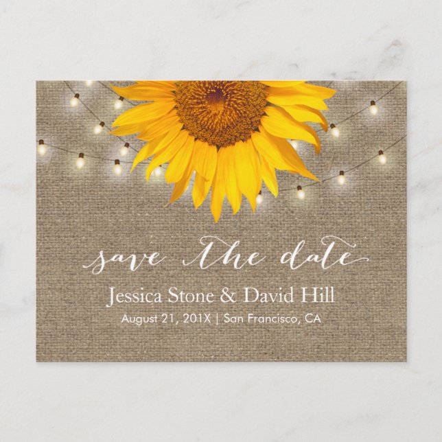Cartão Postal De Anúncio Burlap String Lights & Sunflower Save Date (Frente)