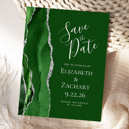 Cartão Postal De Anúncio Caça à Ágata Moderna Verde Save the Date em Prata