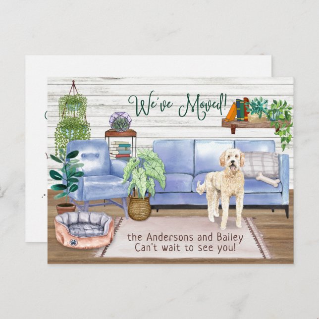 Cartão Postal De Anúncio Cachorro Doce Goldendoodle Mudando para Nova Casa  (Frente/Verso)