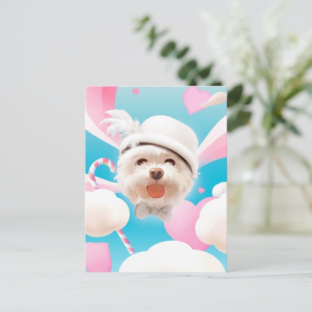 Cartão Postal De Anúncio Cachorro Fofinho com Chapéu Branco (Em pé/Frente)