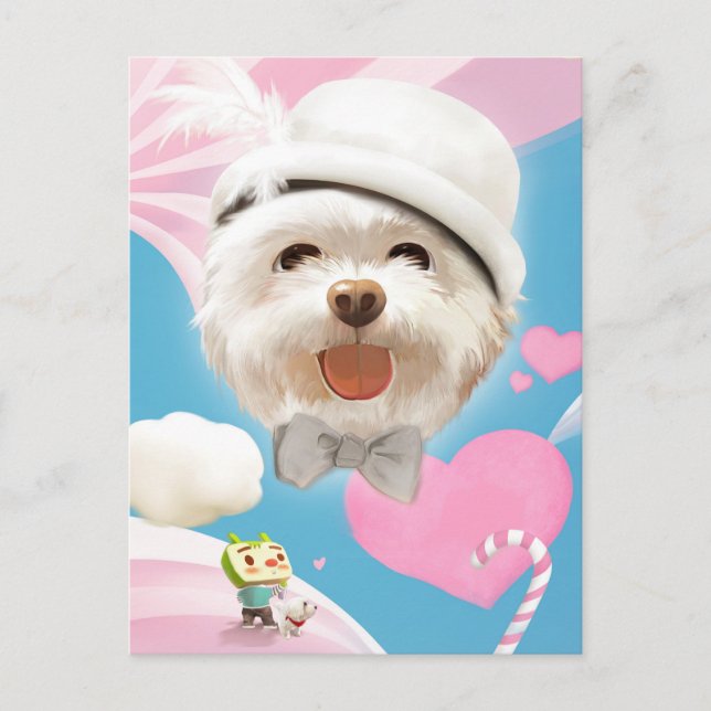 Cartão Postal De Anúncio Cachorro Fofinho com Chapéu Branco (Frente)