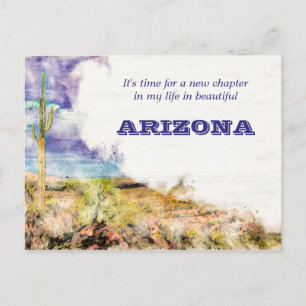 Cartão Postal De Anúncio Cacto Saguaro Aquarela Azul Roxo Mudei de Casa