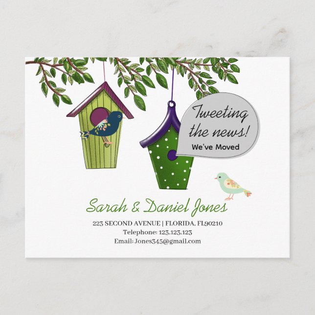 Cartão Postal De Anúncio Caixas de pássaros mudam de endereço que movemos (Frente)
