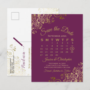 Cartão Postal De Anúncio Calendário Cassis Roxo Dourado de Casamento para S