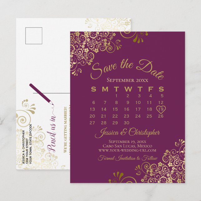 Cartão Postal De Anúncio Calendário Cassis Roxo Dourado de Casamento para S (Frente/Verso)