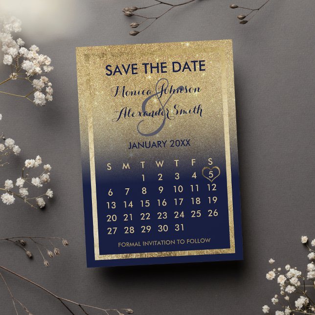 Cartão Postal De Anúncio Calendário da Glitter Dourada Azul do marinho Salv (Navy Blue Gold Glitter Calendar Save the Date Announcement )