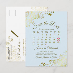 Cartão Postal De Anúncio Calendário de Casamento Azul Claro & Dourado para 