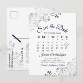 Cartão Postal De Anúncio Calendário de Casamento Azul Marinho em Branco par