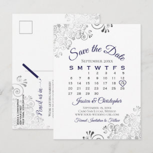 Cartão Postal De Anúncio Calendário de Casamento Azul Marinho em Branco par