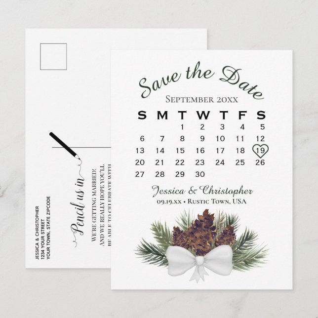 Cartão Postal De Anúncio Calendário de Casamento com Buquê de Pinecone - Sa (Frente/Verso)
