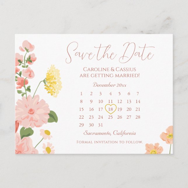 Cartão Postal De Anúncio Calendário de Casamento de Flor Selvagem Elegante  (Frente)