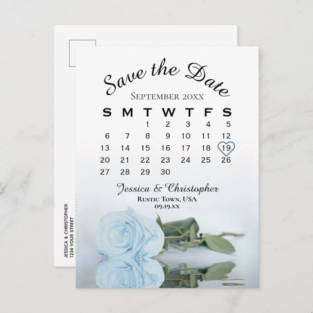 Cartão Postal De Anúncio Calendário de Casamento de Rosa Azul Dusty Salve a (Frente/Verso)