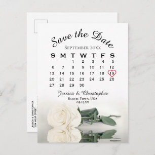 Cartão Postal De Anúncio Calendário de Casamento de Rosa Branca Elegante Sa