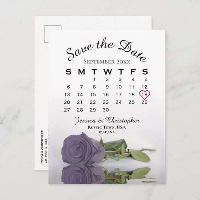 Cartão Postal De Anúncio Calendário de Casamento de Rosa Dusty Roxo Salvar  (Frente/Verso)