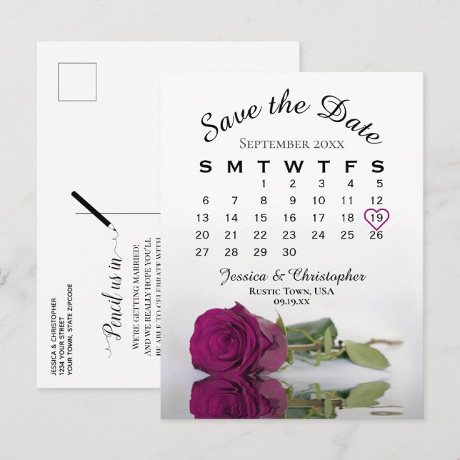 Cartão Postal De Anúncio Calendário de Casamento de Rosa Magenta Plum Salve (Frente/Verso)