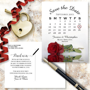 Cartão Postal De Anúncio Calendário de Casamento de Rosa vermelha Elegante 