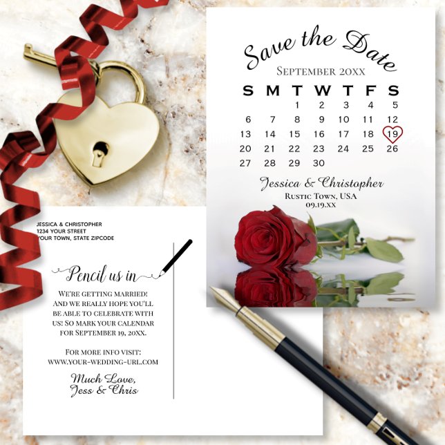 Cartão Postal De Anúncio Calendário de Casamento de Rosa vermelha Elegante  (Front and Back)