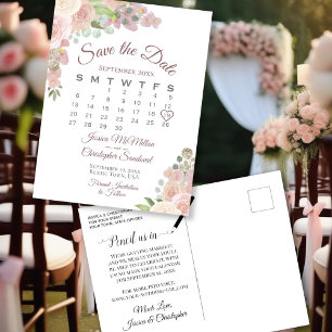 Cartão Postal De Anúncio Calendário de Casamento Floral Rosa Corado para Sa