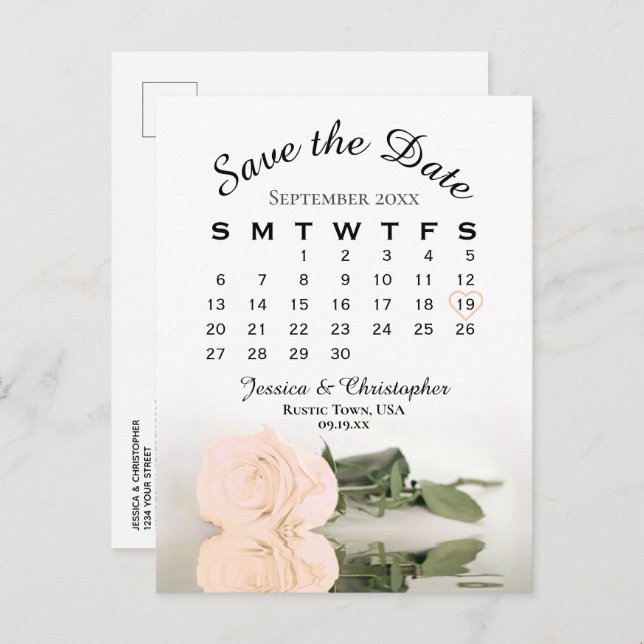 Cartão Postal De Anúncio Calendário de Casamento Rosa Pêssego Elegante - Sa (Frente/Verso)