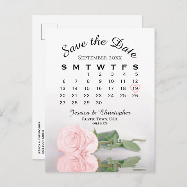 Cartão Postal De Anúncio Calendário de Casamento Rosa Rosa Elegante Salvar  (Frente/Verso)