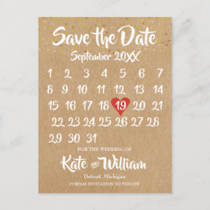 Cartão Postal De Anúncio Calendário de Coração de Amor Rústico Kraft Salve 