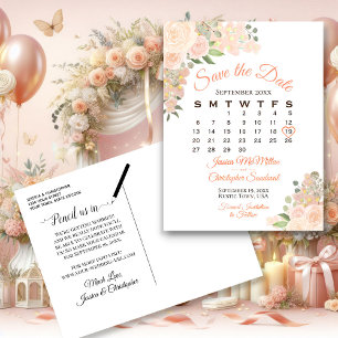 Cartão Postal De Anúncio Calendário de Coral Peach Floral para Casamento Sa