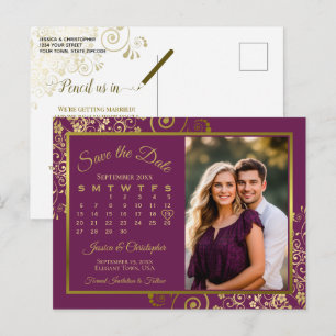 Cartão Postal De Anúncio Calendário de Data de Casamento Roxo Dourado Magen