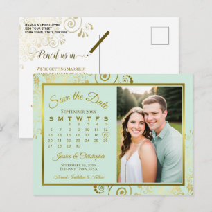Cartão Postal De Anúncio Calendário de Data de Salvamento de Casamento Verd