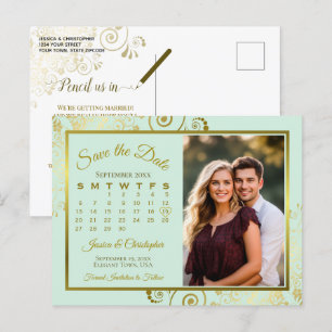 Cartão Postal De Anúncio Calendário de Data de Salvamento de Casamento Verd