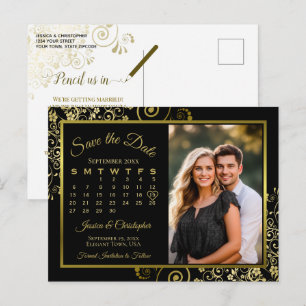 Cartão Postal De Anúncio Calendário de Foto de Black & Gold para Casamento 