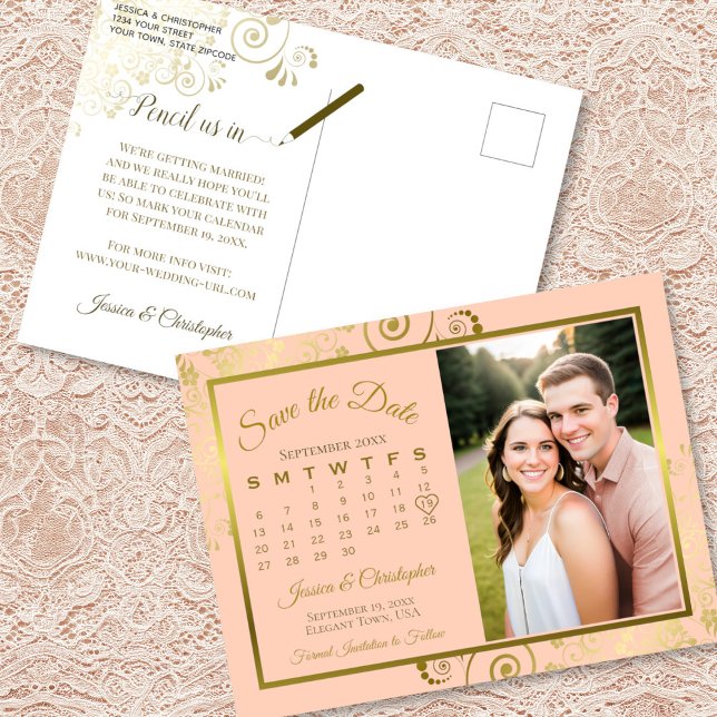 Cartão Postal De Anúncio Calendário de Foto de Peach & Gold Wedding Save th (Front/Back)