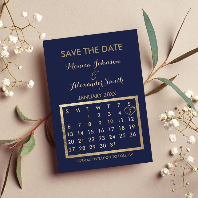 Cartão Postal De Anúncio Calendário de Luxo Azul Marinho Dourado Salve a Da (Luxury navy Blue Gold Calendar Save the Date )