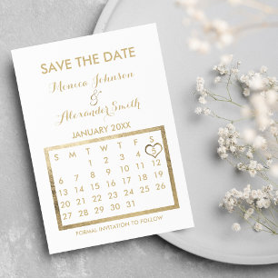 Cartão Postal De Anúncio Calendário de Luxo Branco e Dourado Salve a Data