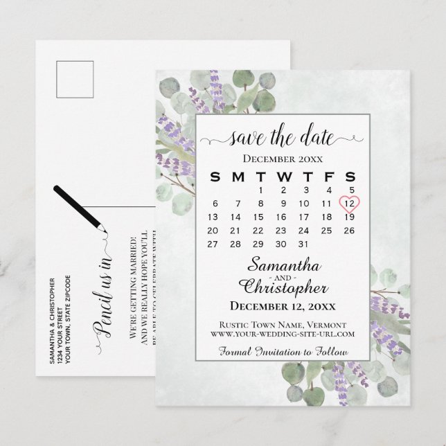 Cartão Postal De Anúncio Calendário de Noivado Save the Date Eucalipto Bran (Frente/Verso)