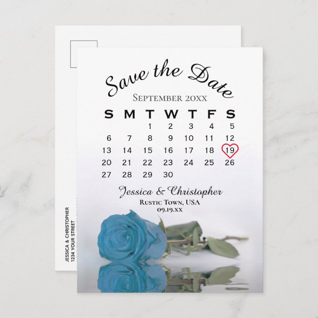 Cartão Postal De Anúncio Calendário de Rosa azul Turquesa Salvar a Data (Frente/Verso)