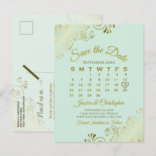 Cartão Postal De Anúncio Calendário de Salvar a Data de Casamento em Dourad