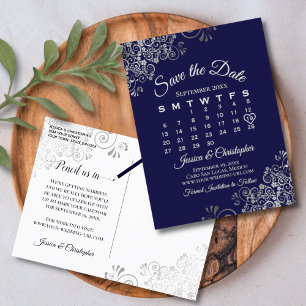 Cartão Postal De Anúncio Calendário de Salve o Dia de Casamento Azul Marinh
