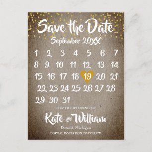 Cartão Postal De Anúncio Calendário do Coração de Amor Dourado Boho Rústico