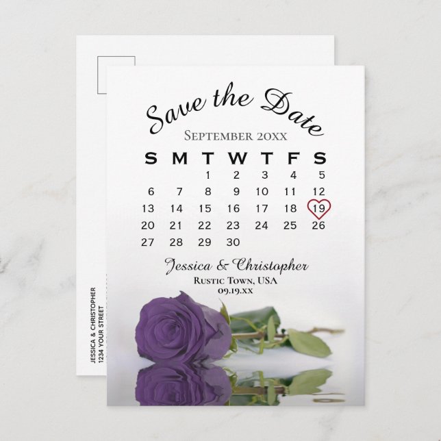Cartão Postal De Anúncio Calendário do Rosa Roxo Ametist Salvar a Data (Frente/Verso)