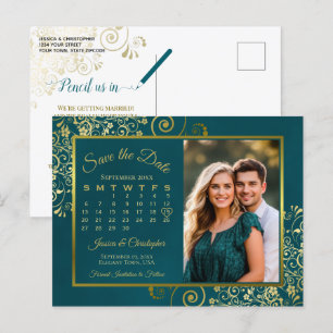Cartão Postal De Anúncio Calendário e Foto de "Save the Date" de Casamento 