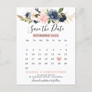 Cartão Postal De Anúncio Calendário floral azul Marinho branco Salve a dat